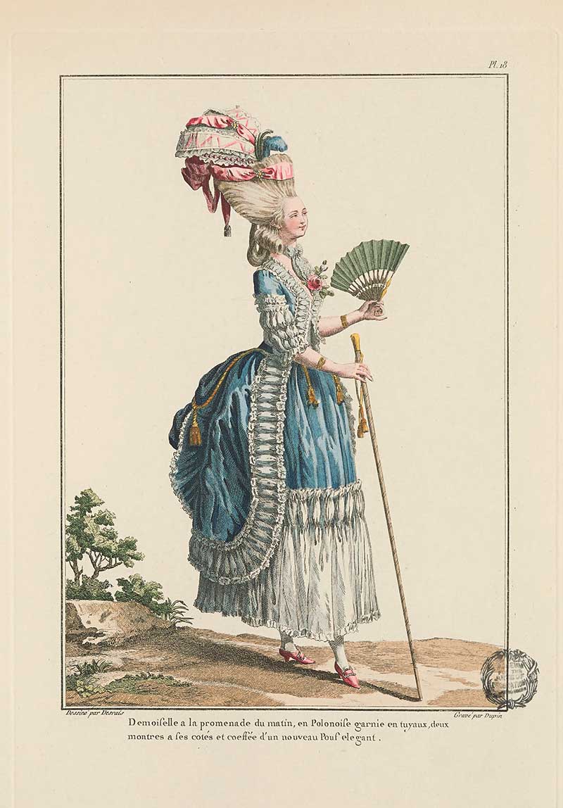 Woman in a blue gown with white ruffles, pink feathered hat, fan, and walking cane on a garden path, French Galerie des Modes fashion print 18th century costume illustration