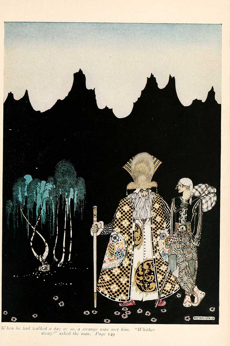 Kay Nielsen illustration from The Widow’s Son showing a strange man meeting the lad on a dark road beneath jagged black mountains