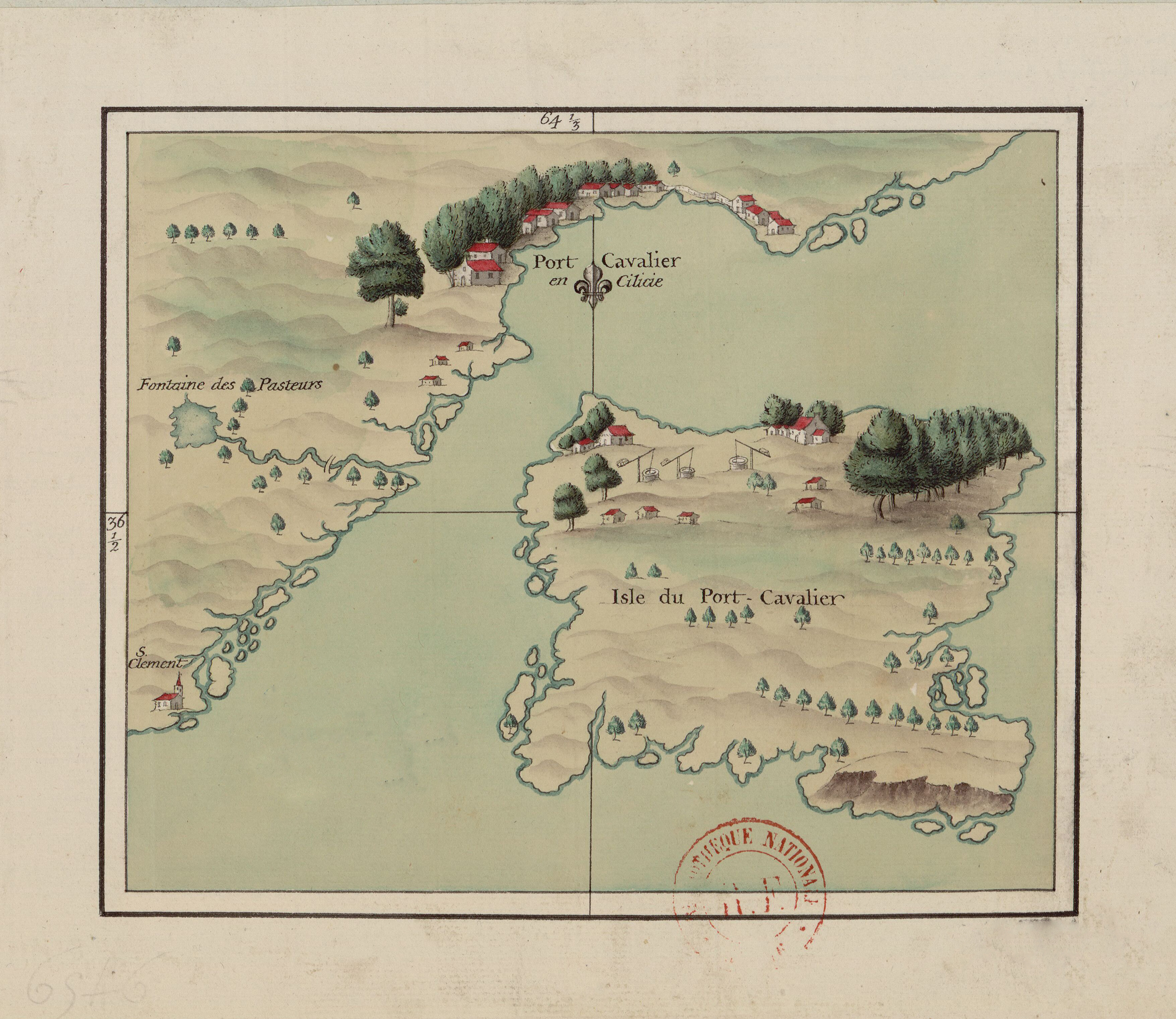 D’Anville manuscript map of the island at Port Cavalier in Cilicia, with coastal soundings, fortified shorelines and small islets