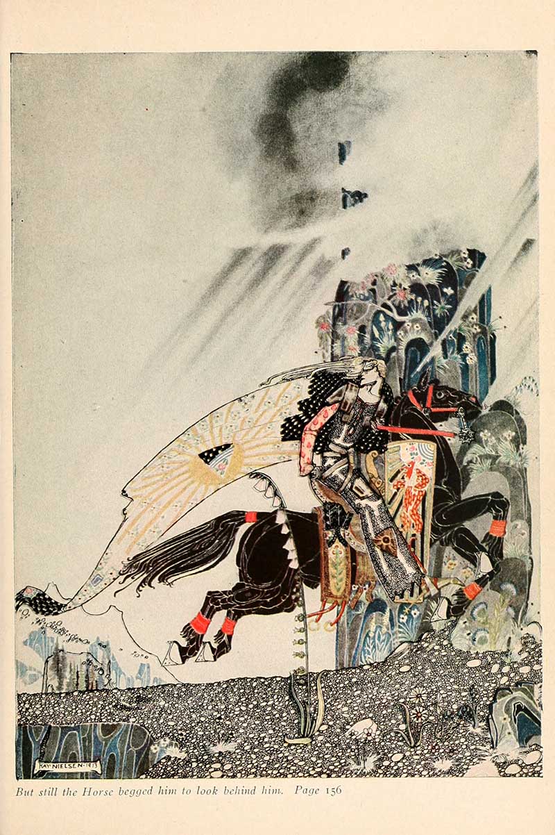 Kay Nielsen illustration from The Widow’s Son showing the horse begging the lad to look behind him as they ride through wind and snow