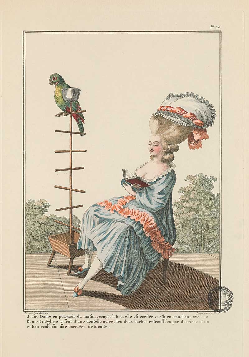 Seated woman in a pale blue gown with coral trim reading beside a perch with a green parrot, French Galerie des Modes fashion print 18th century costume illustration