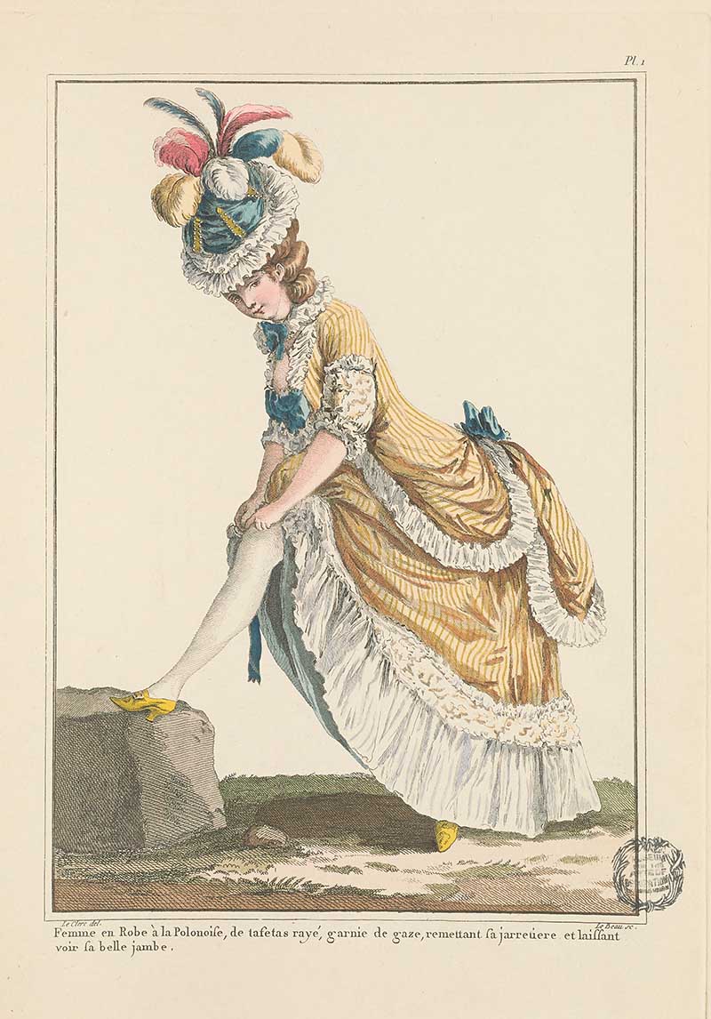 Vintage French Fashion Woman bending to adjust a yellow shoe, wearing a striped golden gown with white ruffles and a tall feathered hat, French Galerie des Modes fashion print 18th century costume illustration