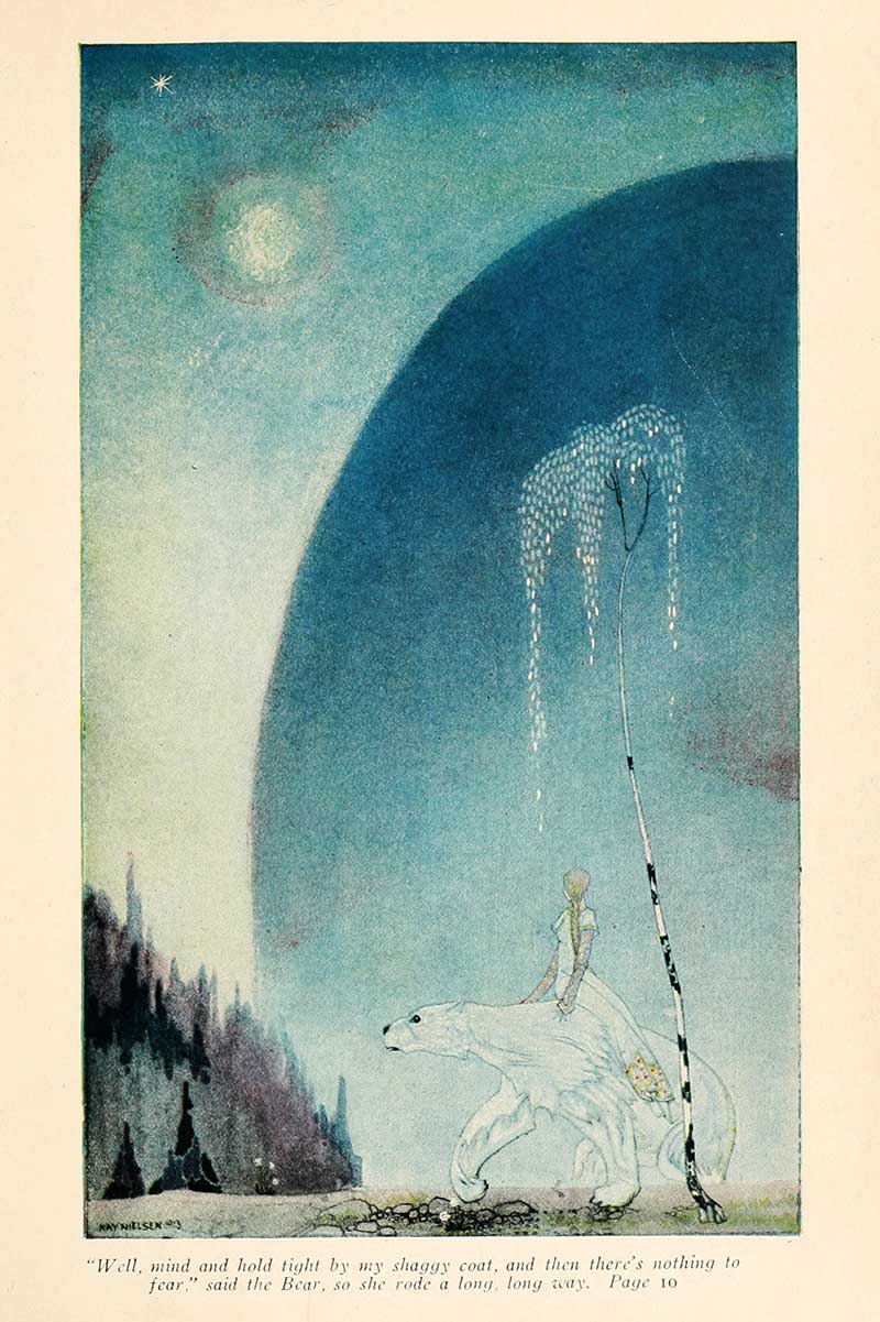Kay Nielsen illustration from East of the Sun and West of the Moon showing the heroine riding the white bear beneath a blue moonlit sky