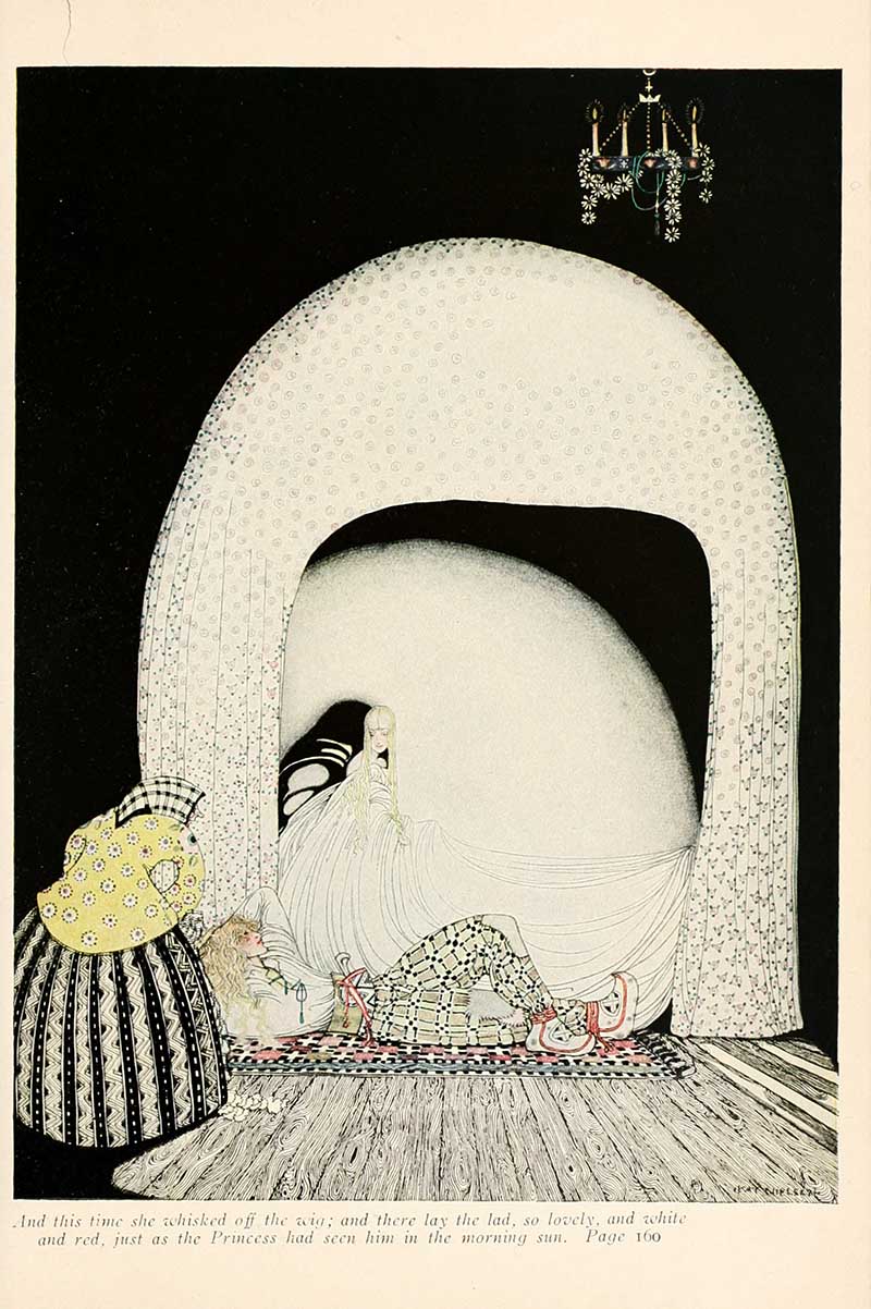 Kay Nielsen illustration from The Widow’s Son showing the princess lifting the wig to reveal the beautiful lad asleep in the white bed