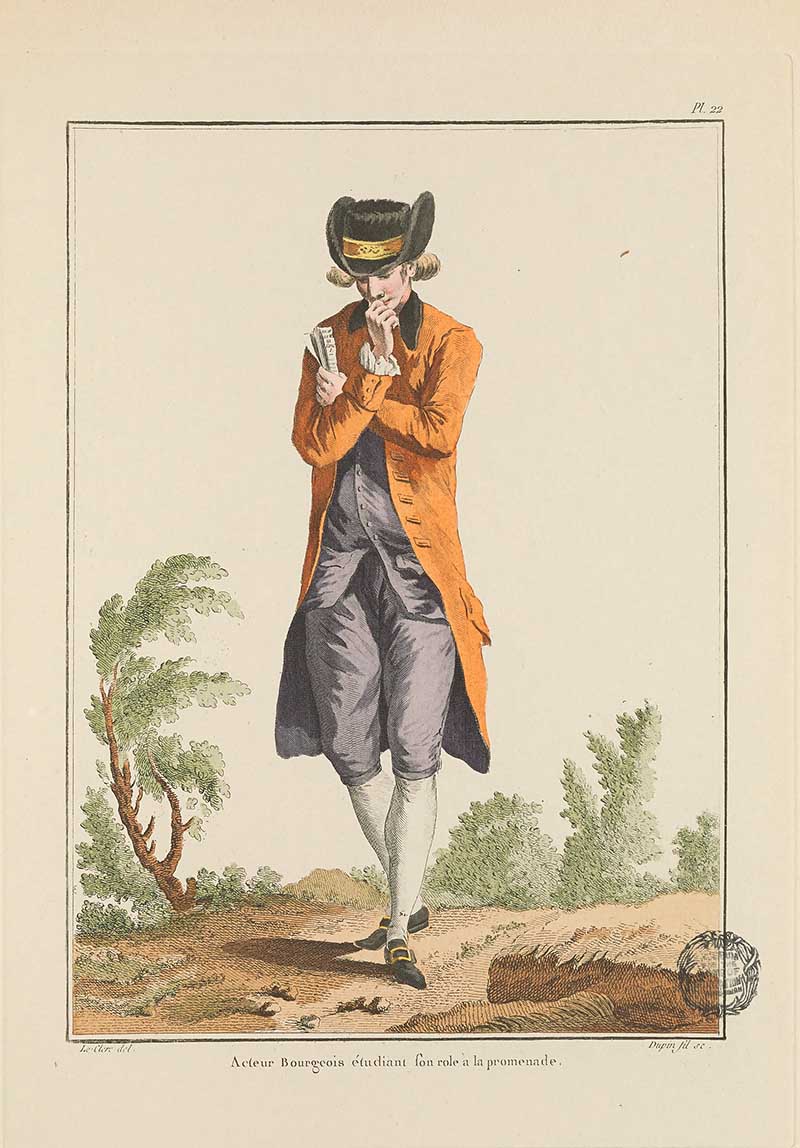 Gentleman in orange coat, black hat, grey breeches, and white stockings standing with arms crossed outdoors, French Galerie des Modes fashion print 18th century costume illustration
