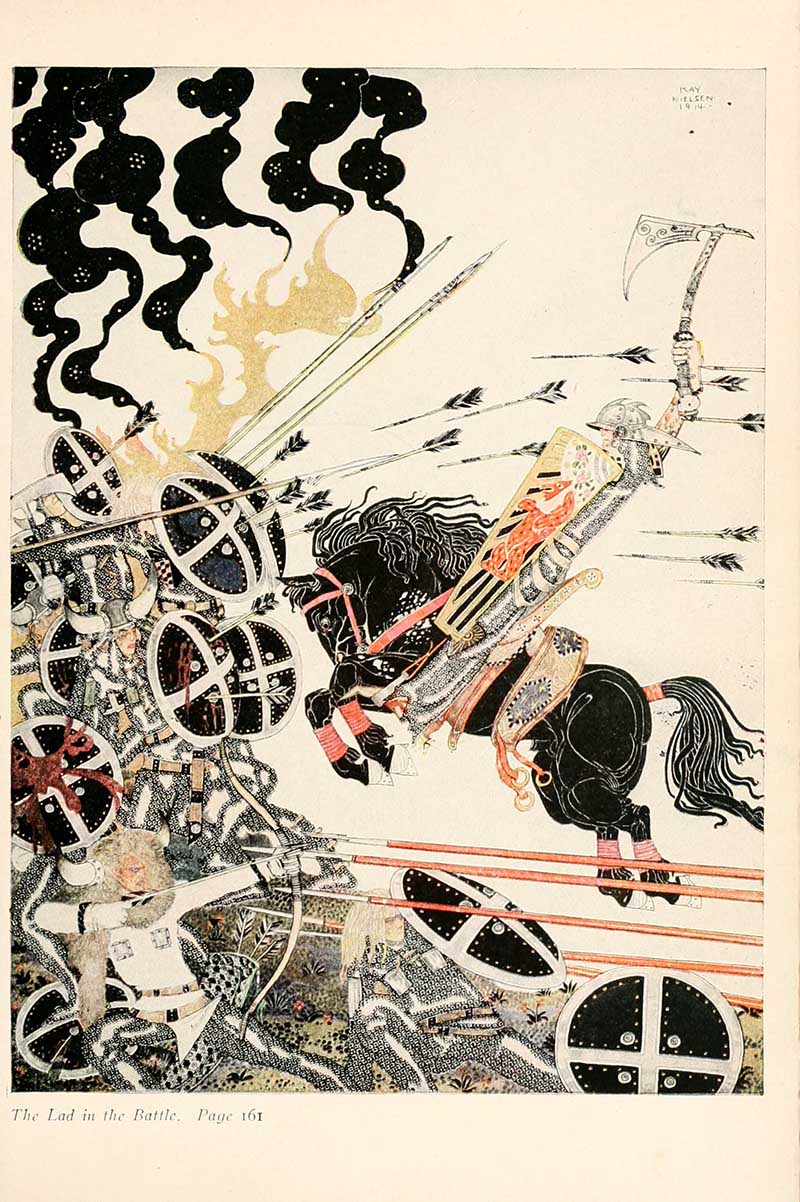 Kay Nielsen illustration from The Widow’s Son showing the lad in the battle charging through smoke, arrows, horses, and shields