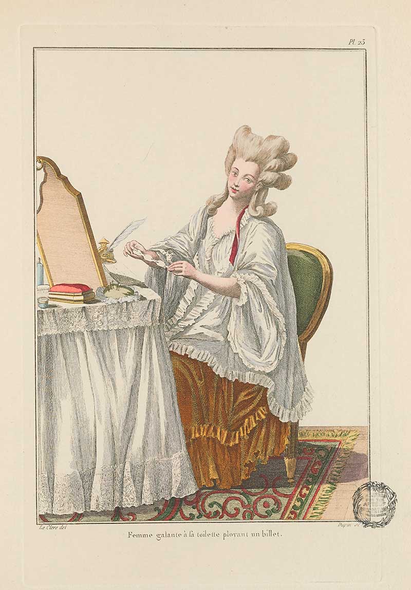 Woman seated at a dressing table in a white robe and mustard skirt, holding a paper beside a mirror, French Galerie des Modes fashion print 18th century costume illustration