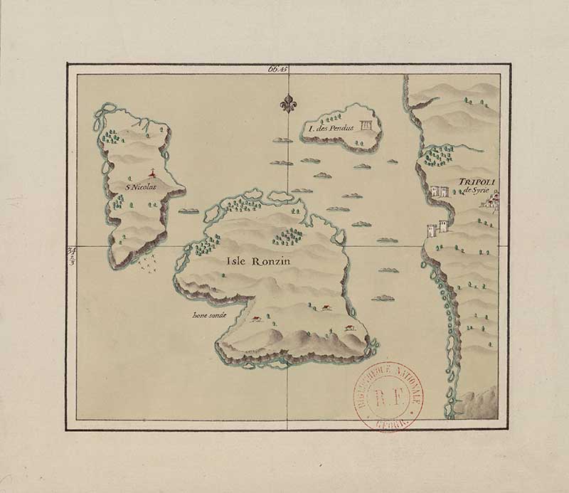 Manuscript map of the islands off Tripoli, modern Tripoli in Lebanon, with Mina Island, coastal soundings and harbour approaches