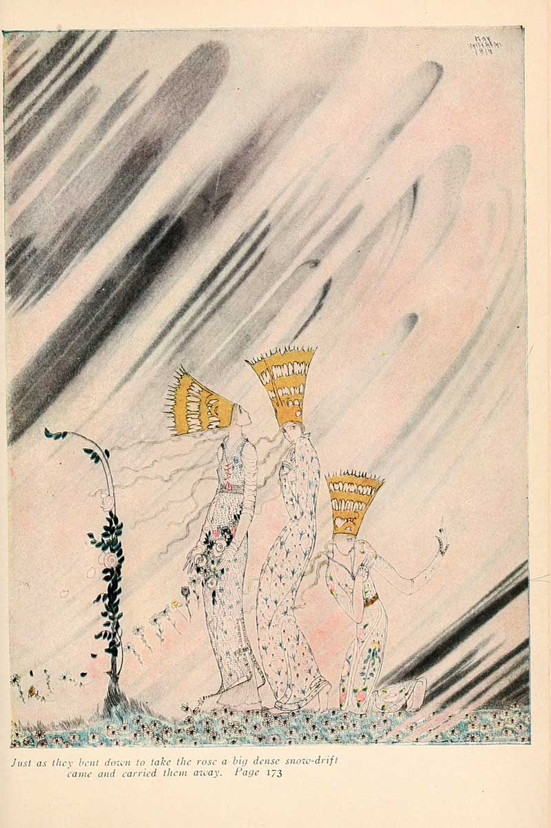 Kay Nielsen illustration from The Three Princesses in the Blue Mountain showing a dense snowdrift carrying away the princesses as they bend for the rose