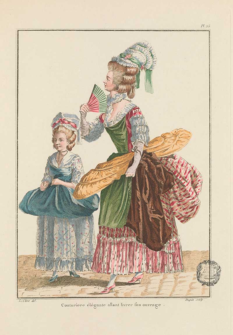 Woman in a green and striped gown fanning a young girl in blue lace dress on a tiled floor, French Galerie des Modes fashion print 18th century costume illustration