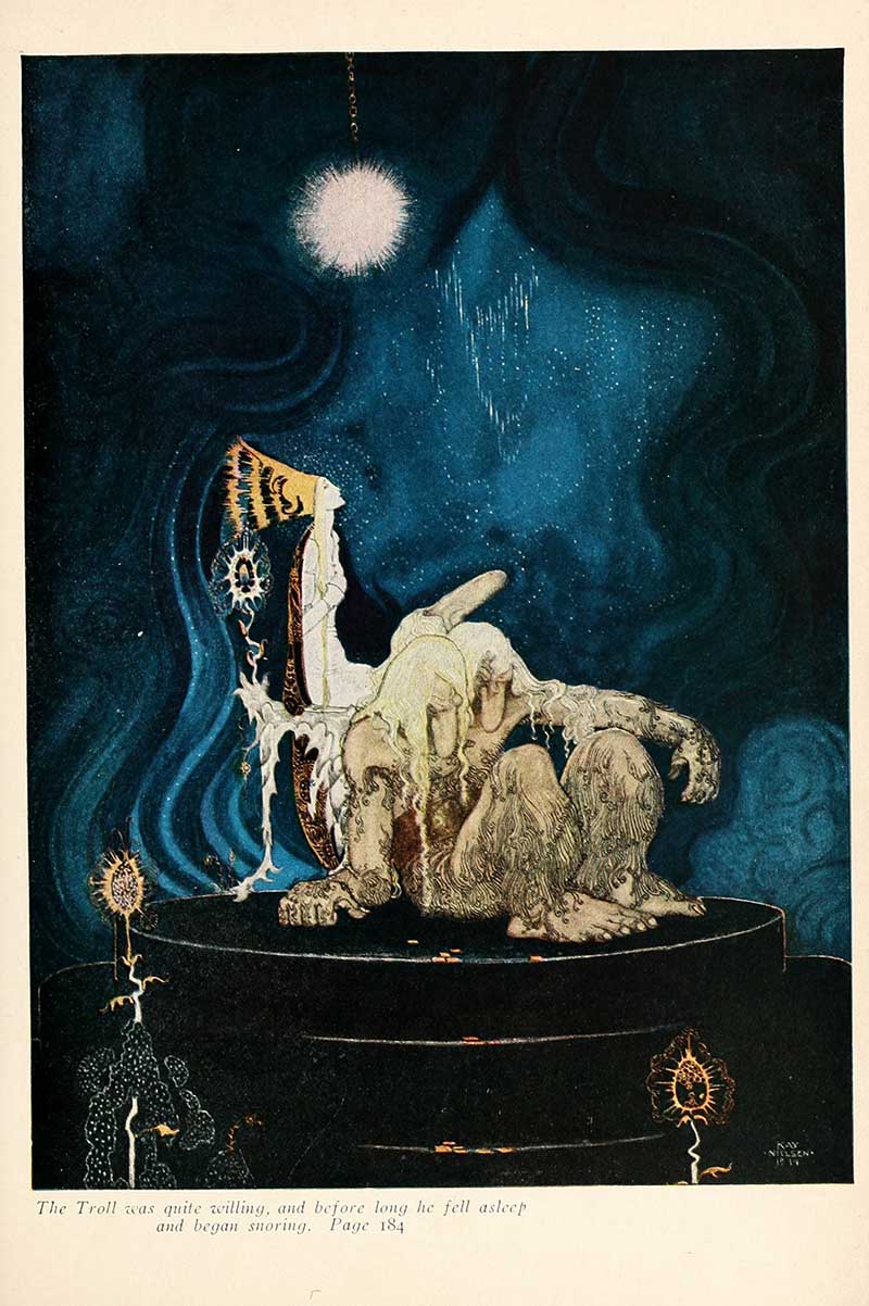 Kay Nielsen illustration from The Three Princesses in the Blue Mountain showing the troll asleep in a blue cavern while the princess watches