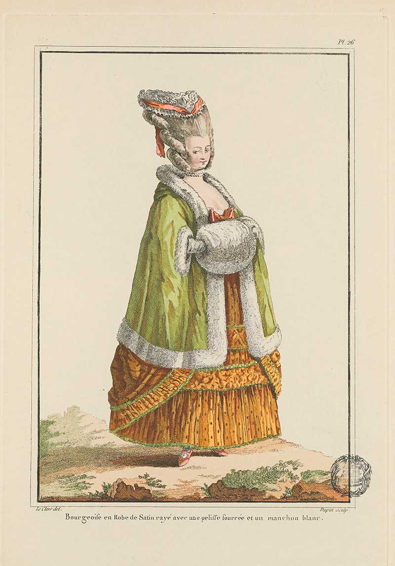 Woman in a green cloak over an orange skirt with fur muff and ribboned cap standing outdoors, French Galerie des Modes fashion print 18th century costume illustration