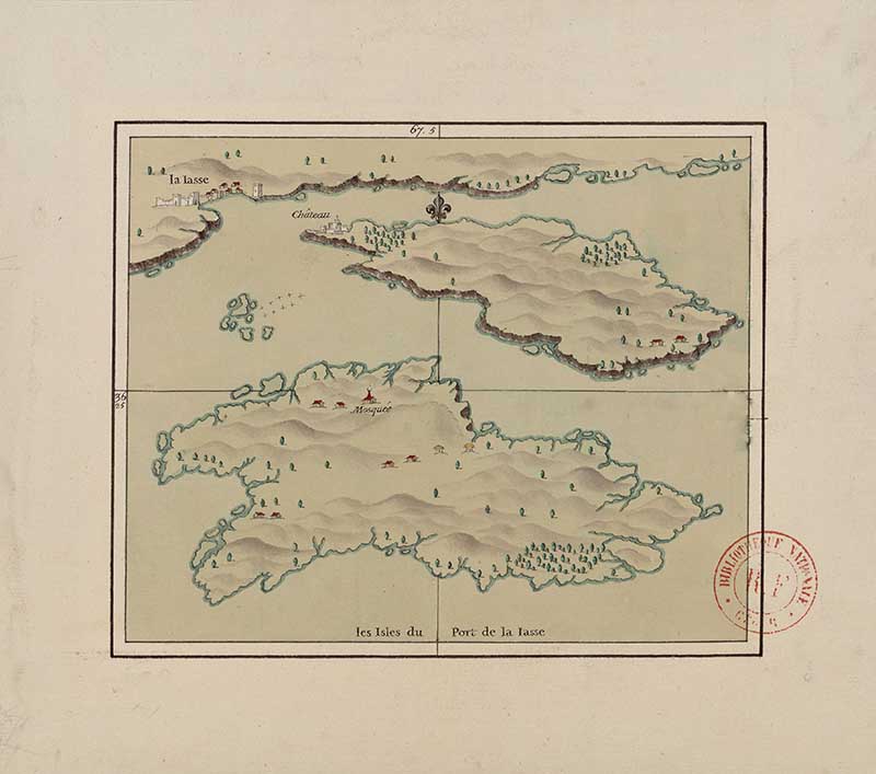 Manuscript map of the islands of Port de la Iasse on the Eastern Mediterranean coast, with two elongated islands and coastal soundings