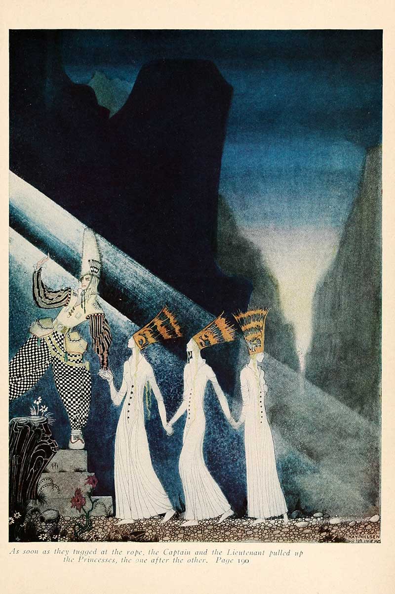 Kay Nielsen illustration from The Three Princesses in the Blue Mountain showing the captain and lieutenant pulling the princesses up by a rope