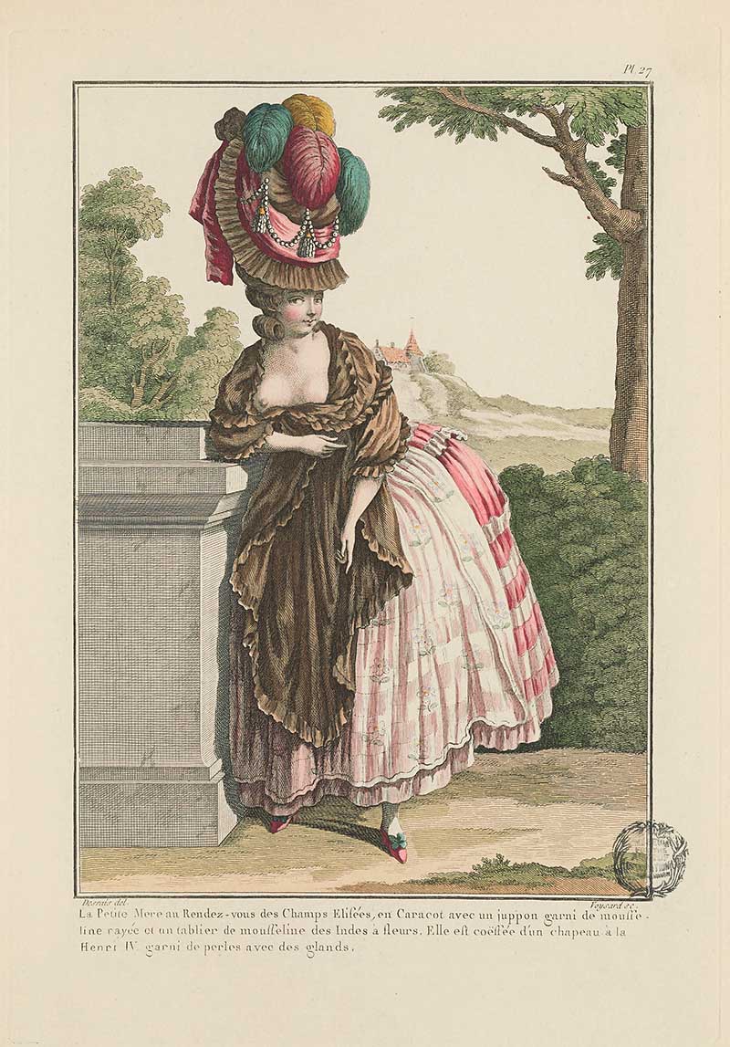 Woman in a black lace mantilla and pink striped skirt leaning beside a stone plinth in a garden, French Galerie des Modes fashion print 18th century costume illustration