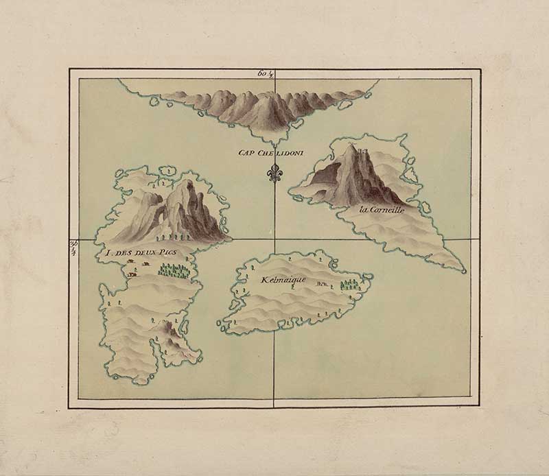 Manuscript map of the small islands near Cape Chelidonia, modern Gelidonya, off Lycia, with rocky islets and coastal relief