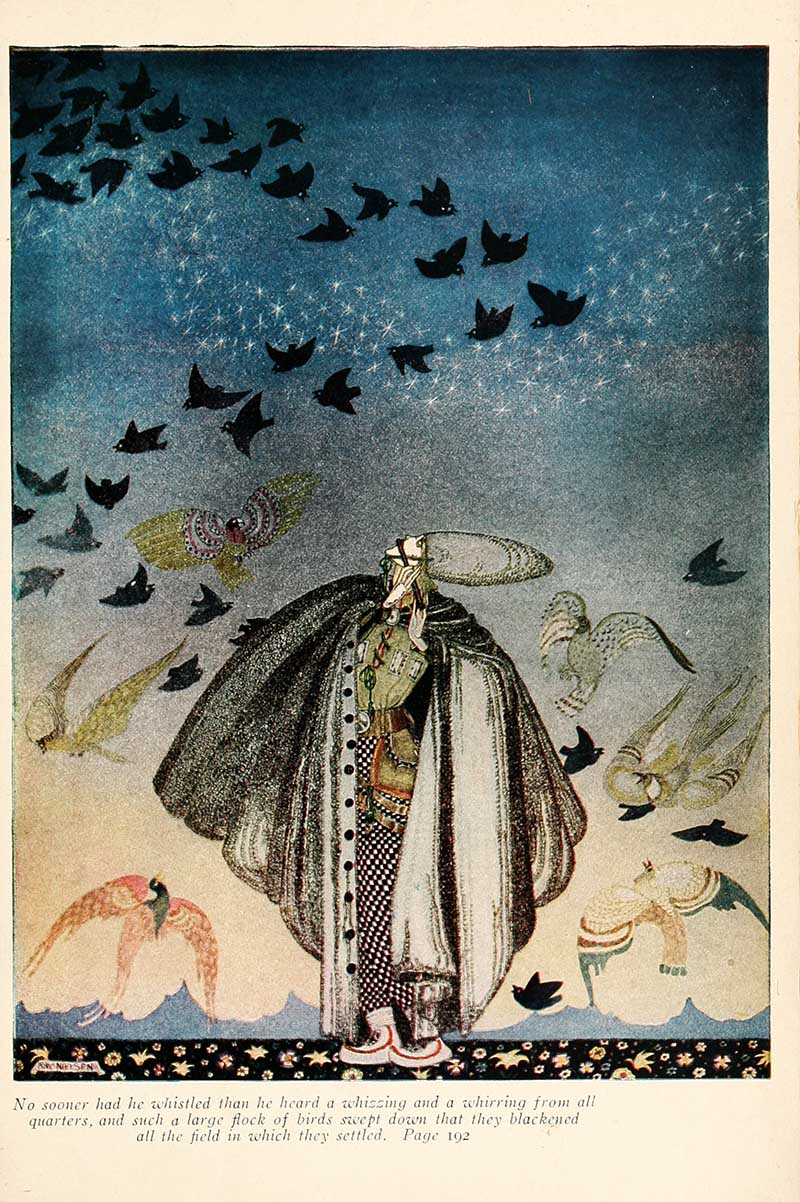 Kay Nielsen illustration from The Three Princesses in the Blue Mountain showing a great flock of birds sweeping down after the prince whistles