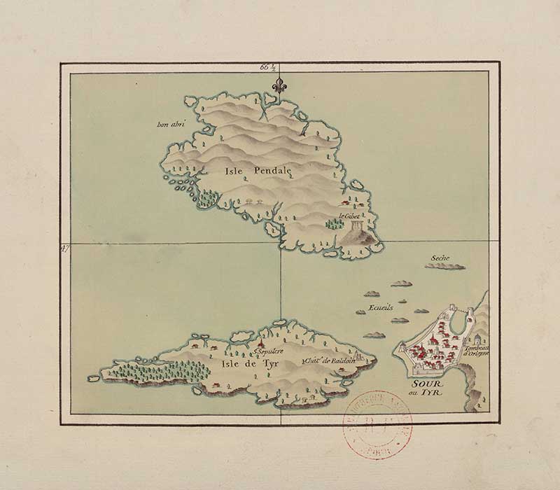 Manuscript map of the islands off Sour or Tyre, modern Tyre in Lebanon, showing two main islands, coast and harbour soundings
