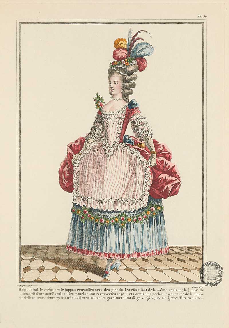 Woman in a white apron over a blue and red gown with tall feathered hair, standing on a tiled floor with flowers, French Galerie des Modes fashion print 18th century costume illustration