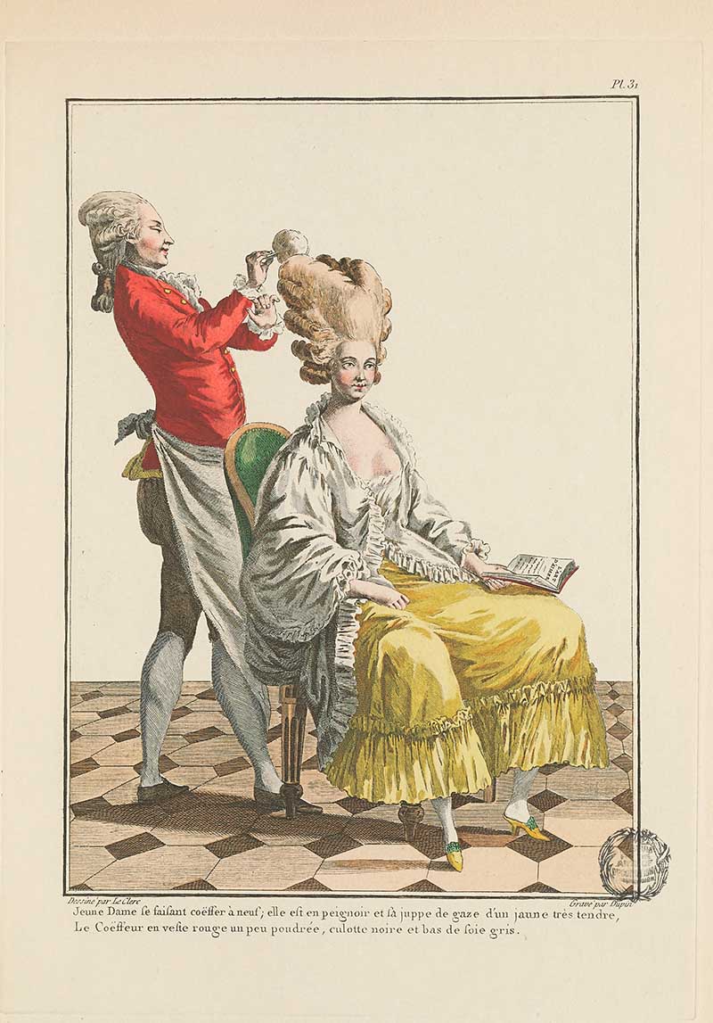 Hairdresser in a red jacket styling a seated woman in a yellow skirt and white robe on a patterned floor, French Galerie des Modes fashion print 18th century costume illustration