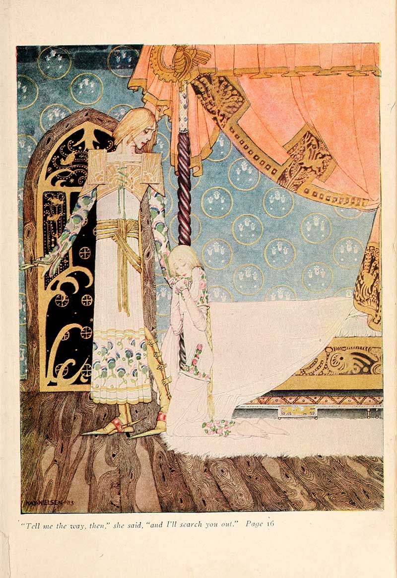 Kay Nielsen illustration from East of the Sun and West of the Moon showing the heroine asking the way beside an ornate doorway and pale pink curtain