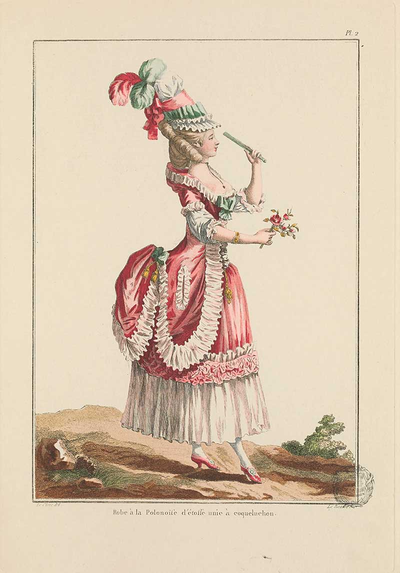 Woman in a pink and white ruffled dress with a tall feathered hat, holding flowers and a small fan outdoors, French Galerie des Modes fashion print 18th century costume illustration