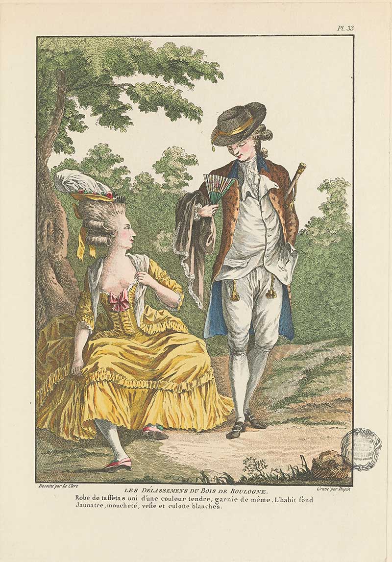 Woman in a yellow dress seated beneath a tree while a gentleman in blue and brown presents a ribbon or cloth, French Galerie des Modes fashion print 18th century costume illustration