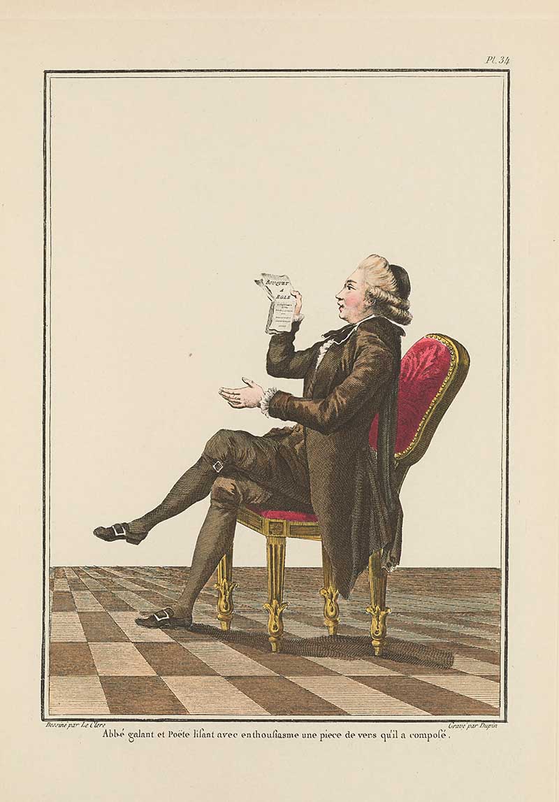 Seated gentleman in a dark coat reading a paper on a red chair against a tiled interior floor, French Galerie des Modes fashion print 18th century costume illustration