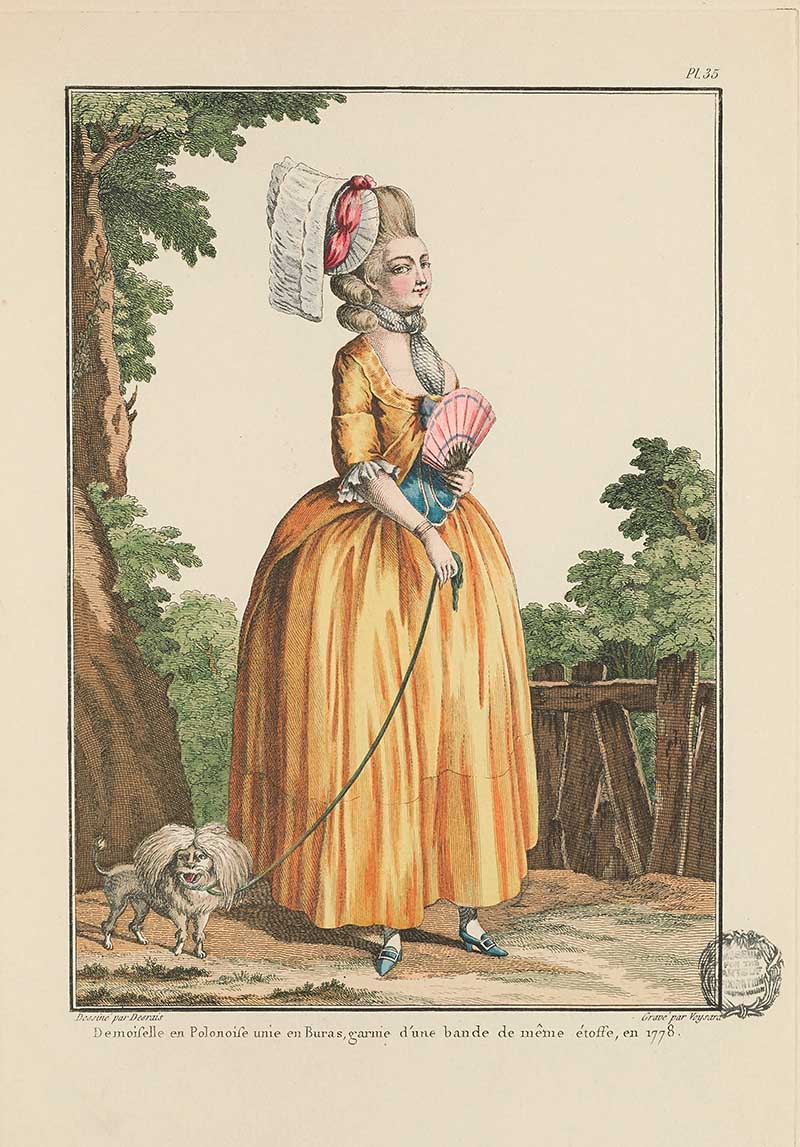Woman in an orange gown with white cap, fan, and small dog on a leash standing in a garden, French Galerie des Modes fashion print 18th century costume illustration