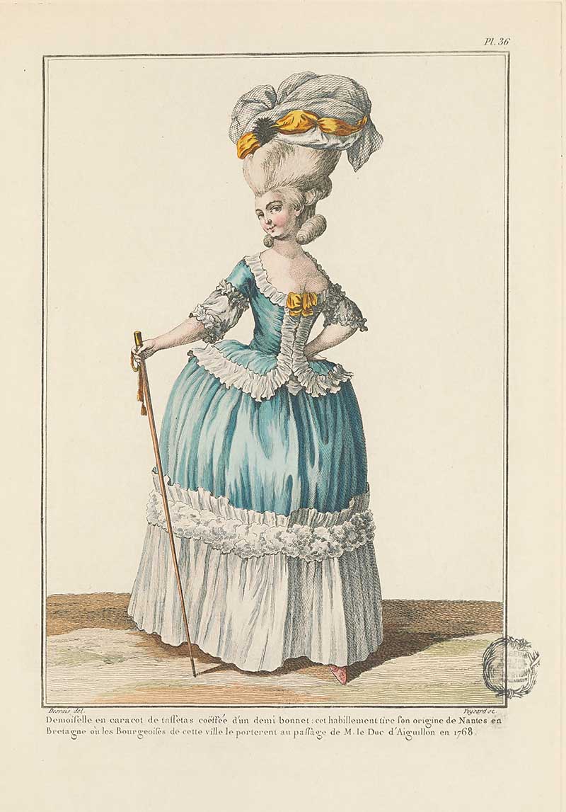 Woman in a turquoise and white ruffled gown with grey turbaned headdress holding a walking stick, French Galerie des Modes fashion print 18th century costume illustration