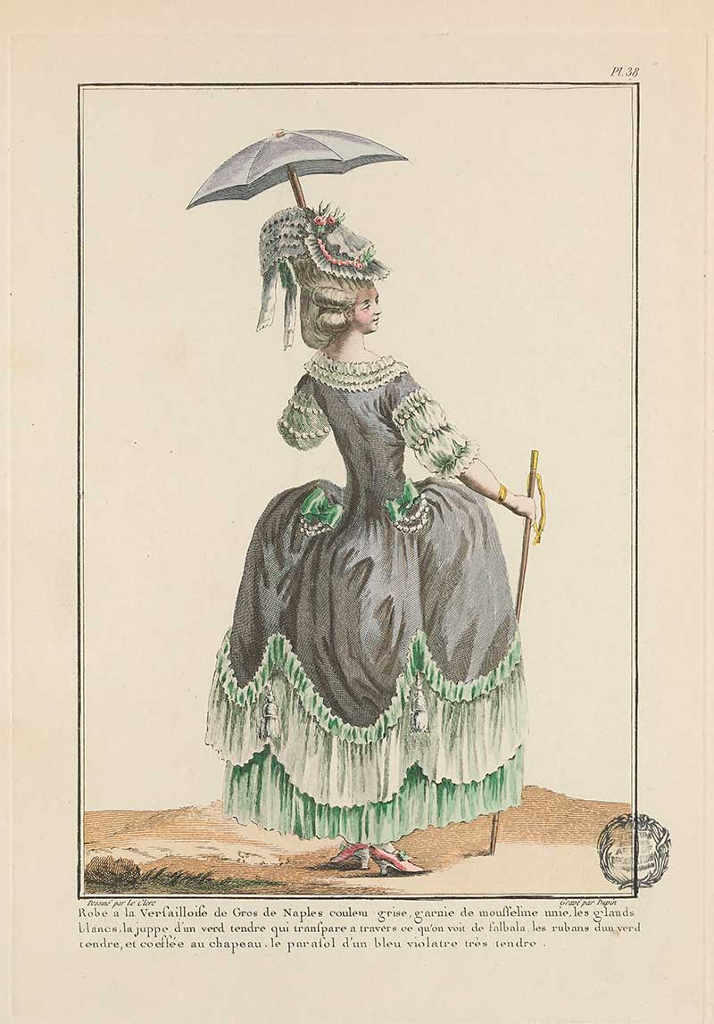 Woman from behind in a grey and green dress carrying a parasol and walking stick, French Galerie des Modes fashion print 18th century costume illustration