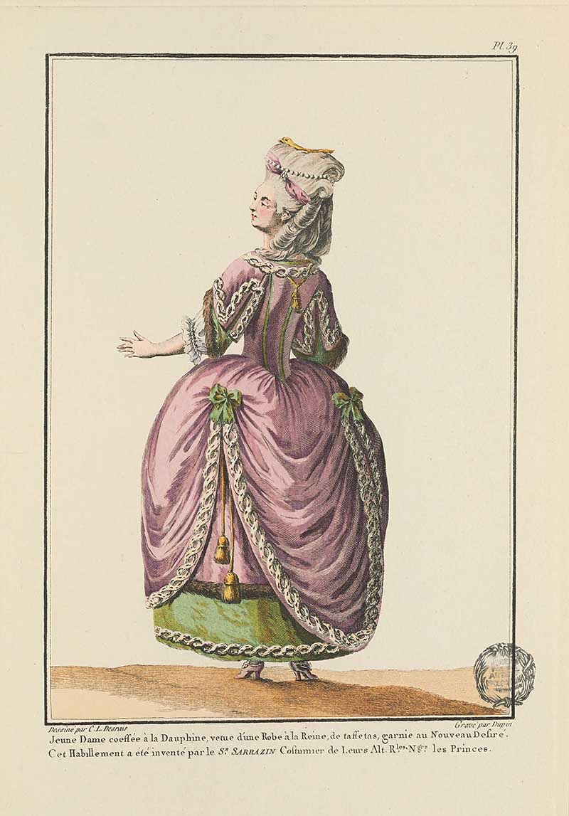 Woman viewed from behind in a mauve pink gown with green underskirt and ribboned cap, French Galerie des Modes fashion print 18th century costume illustration