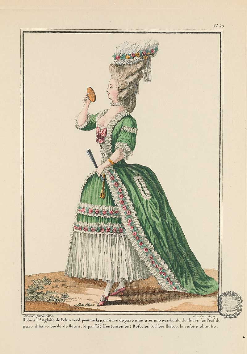 Woman in a green gown with white ruffles, floral garlands, long train, and high feathered hairstyle holding a small fan, French Galerie des Modes fashion print 18th century costume illustration