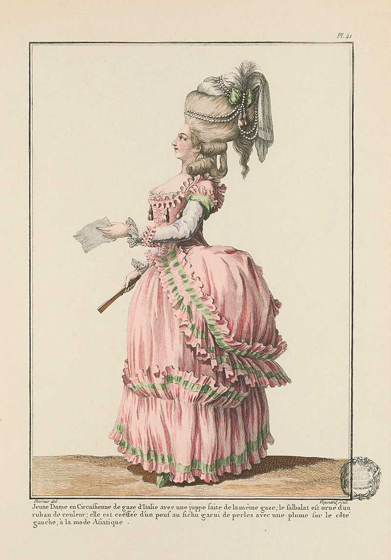 Woman in a pink ruffled gown with green trim and tall feathered hairstyle holding a letter in profile, French Galerie des Modes fashion print 18th century costume illustration