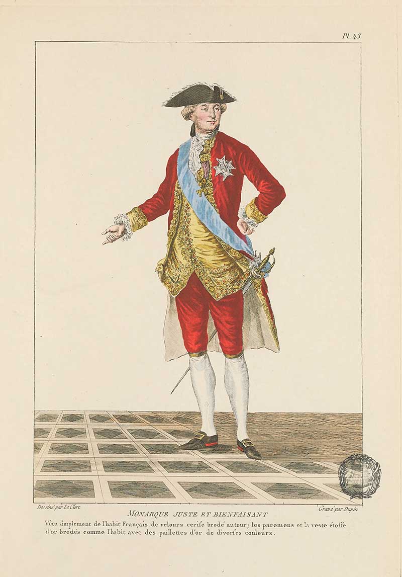 Duke in a red suit with gold waistcoat, blue sash, tricorn hat, and sword standing on a tiled floor, French Galerie des Modes fashion print 18th century costume illustration