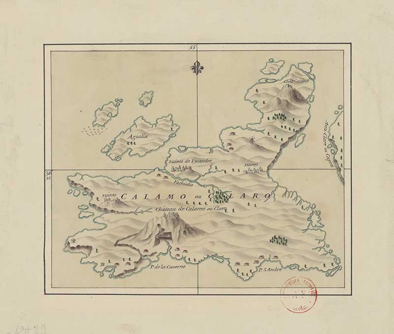 Antique d’Anville map of Calam or Claro, likely Kalamos, showing a long mountainous island, nearby islets and coastal placenames