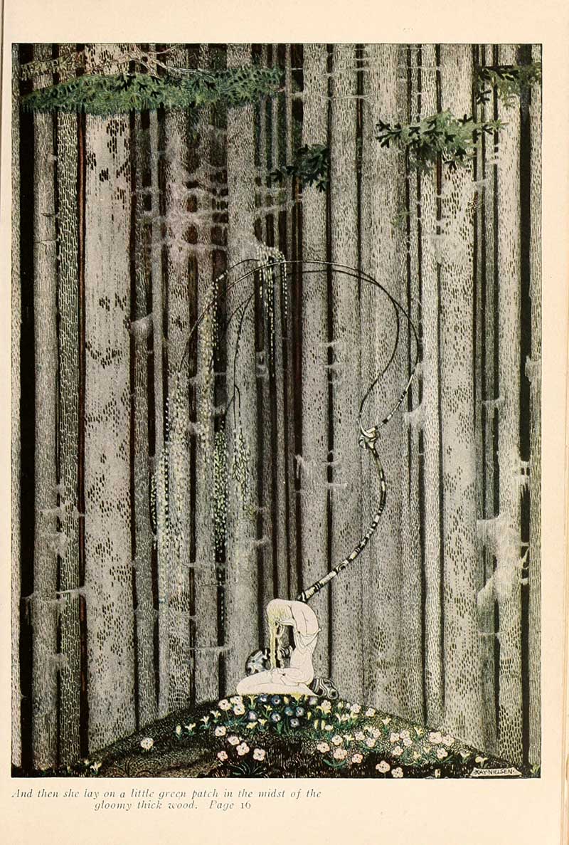 Kay Nielsen illustration from East of the Sun and West of the Moon showing the heroine lying on a small green patch in a gloomy thick forest