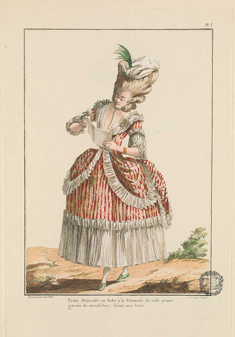 Woman in a red striped gown with white apron ruffles and a high feathered hairstyle, standing outdoors with a muff, French Galerie des Modes fashion print 18th century costume illustration