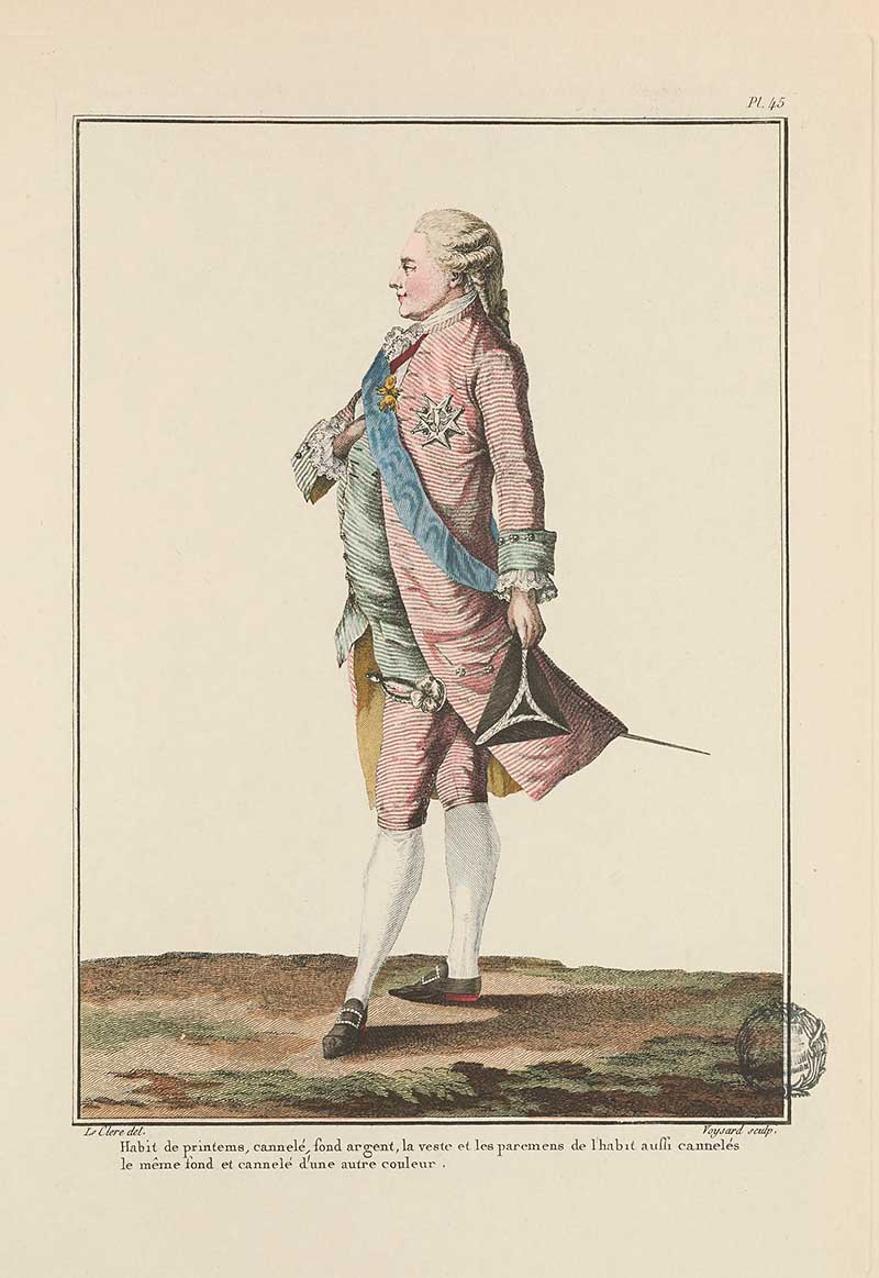 Nobleman in a pink suit with blue sash, powdered hair, and sword standing in profile outdoors, French Galerie des Modes fashion print 18th century costume illustration