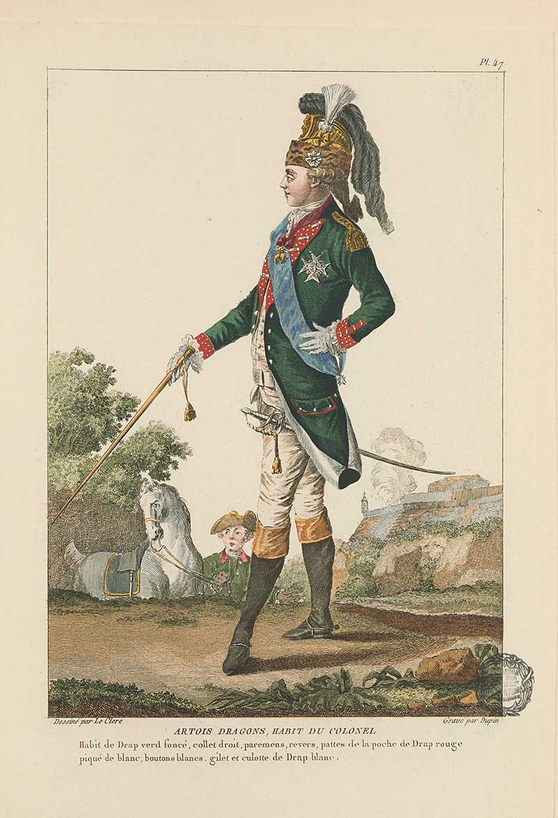 Military officer in green coat, blue sash, plumed hat, and boots holding a cane with a small child nearby, French Galerie des Modes fashion print 18th century costume illustration