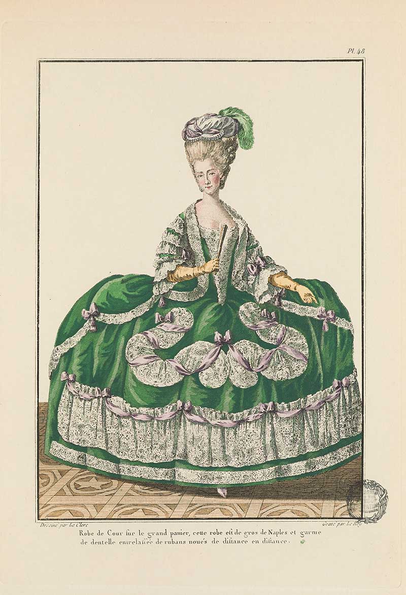 Woman in a full green gown with white lace ruffles and feathered headdress standing indoors, French Galerie des Modes fashion print 18th century costume illustration