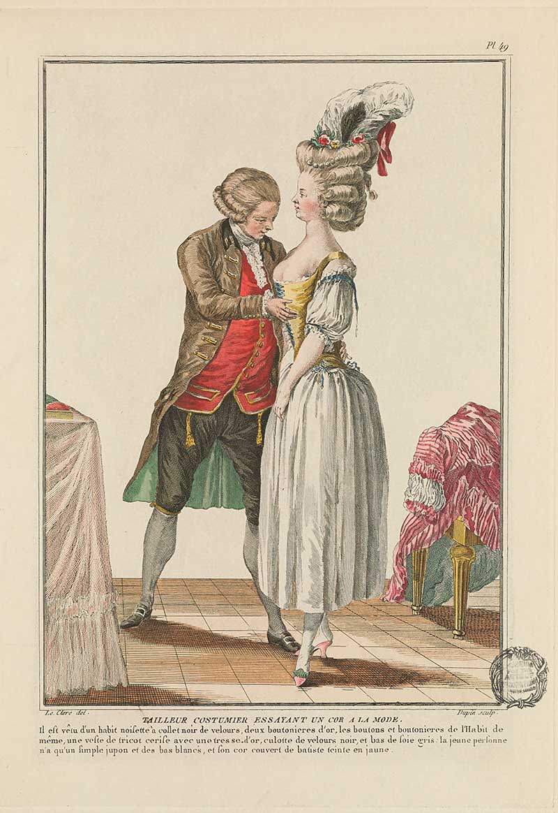 Dressmaker or tailor fitting a woman in a white gown, with a man in red waistcoat adjusting the bodice, French Galerie des Modes fashion print 18th century costume illustration
