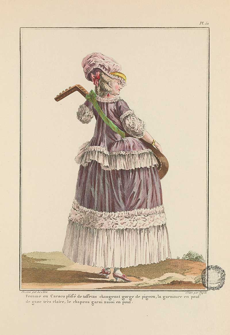 Woman seen from behind in a purple and grey gown with green sash, carrying a walking stick or crook, French Galerie des Modes fashion print 18th century costume illustration