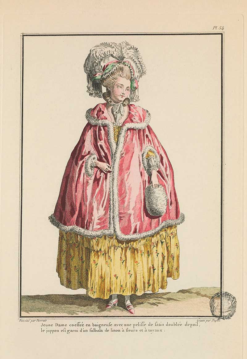 Woman in a pink fur-trimmed cloak over a yellow skirt, wearing a large bonnet and carrying a muff, French Galerie des Modes fashion print 18th century costume illustration