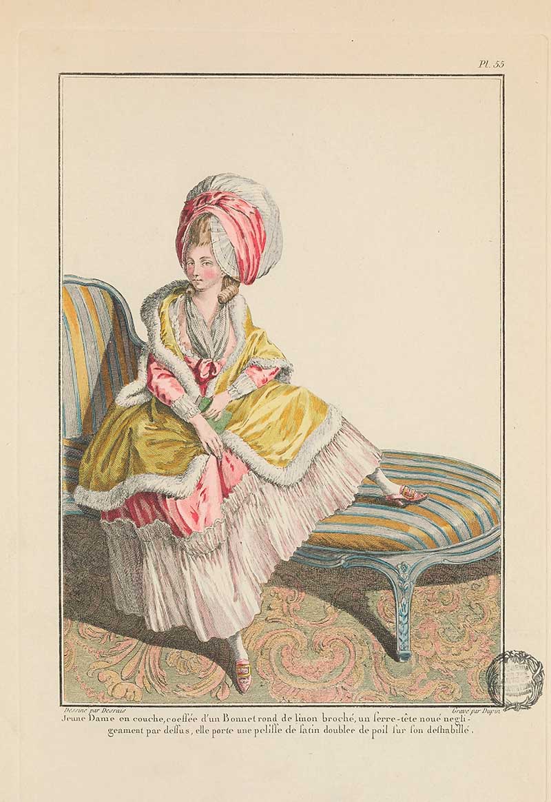 Woman reclining on a striped chaise longue in a yellow, pink, and white dress with a red turban, French Galerie des Modes fashion print 18th century costume illustration