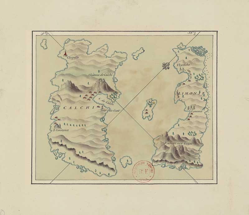 Antique d’Anville map of Calchi and Limonie islands, now Chalki and Alimia, with mountain shading, bays and surrounding islets
