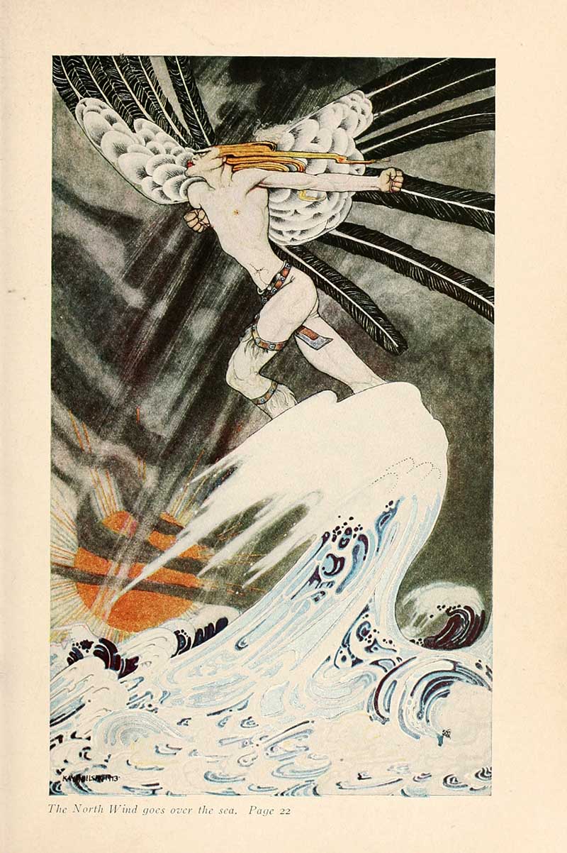 Kay Nielsen illustration from East of the Sun and West of the Moon showing the North Wind carrying the heroine over stormy waves