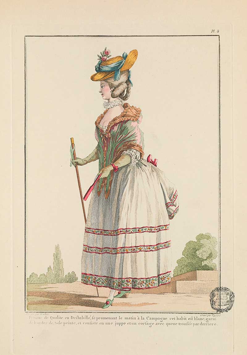 Woman in a white skirt with red and green bodice, colorful hat, and walking stick, posed in a garden landscape, French Galerie des Modes fashion print 18th century costume illustration