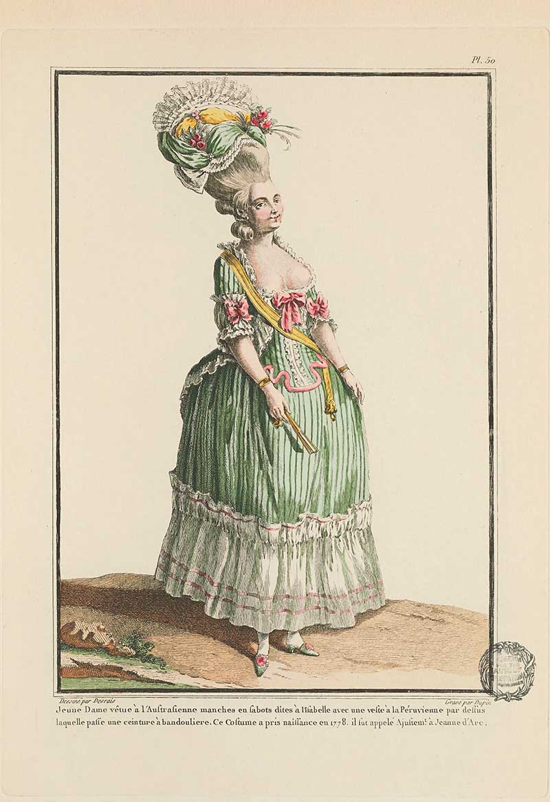 Woman in a green striped gown with pink bows, white ruffles, and floral headdress holding a closed fan, French Galerie des Modes fashion print 18th century costume illustration
