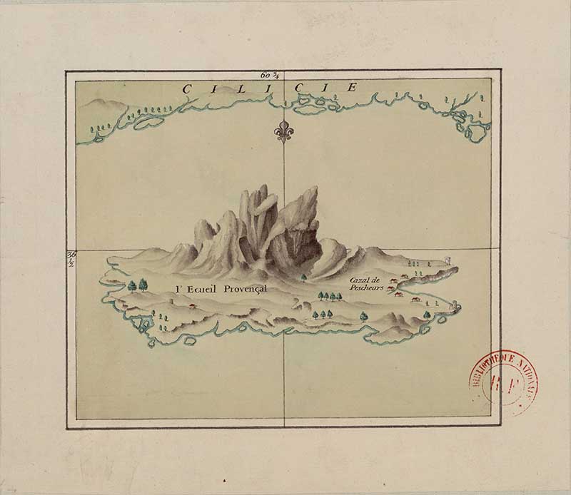 Manuscript map of Écueil Provençal on the Cilician coast, showing a narrow rocky islet, steep relief and the nearby shoreline